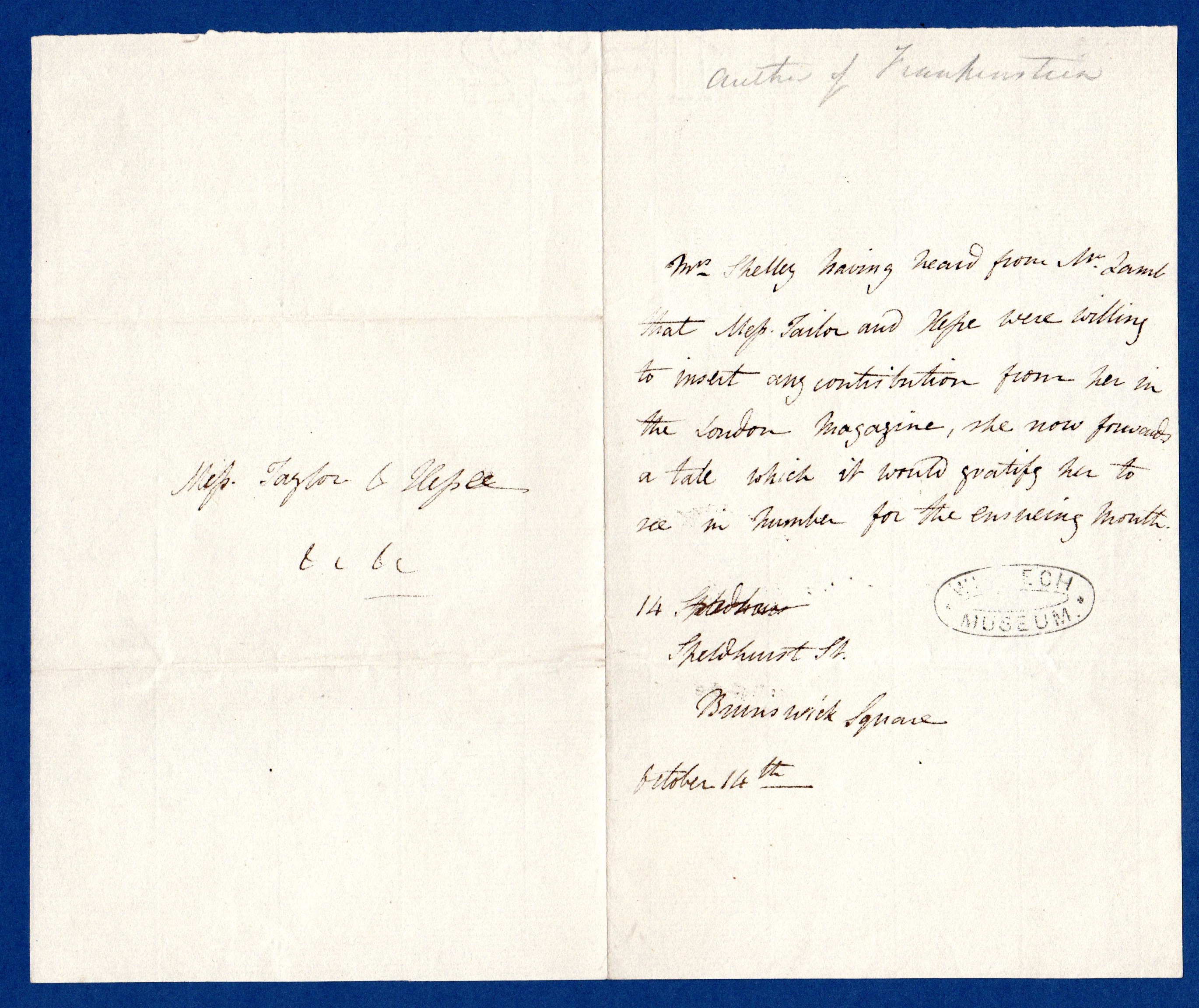 Mary Shelley to Taylor & Hessey (publishers) 14 October 18??