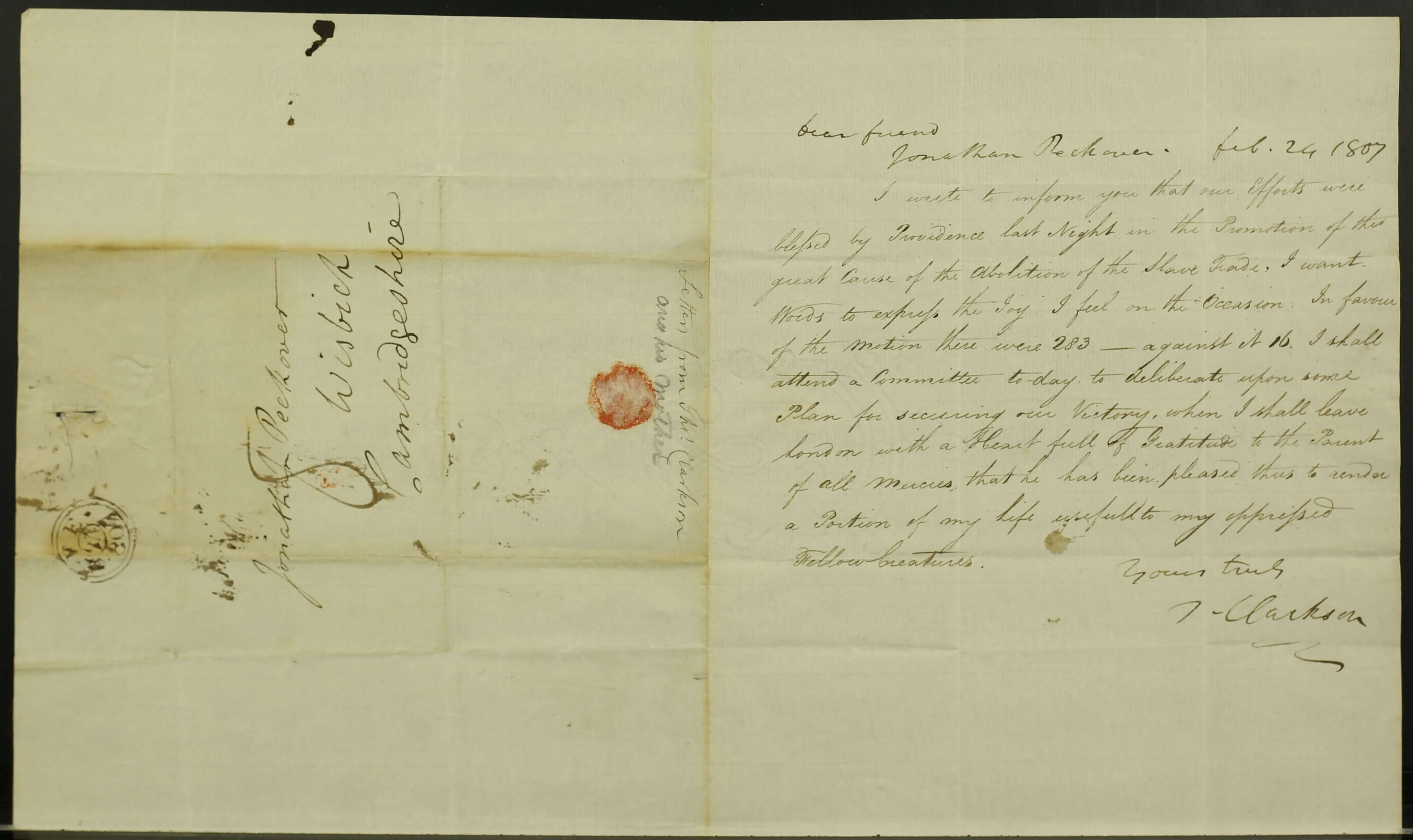 24 February 1807 - Thomas Clarkson to Jonathan Peckover, Wisbech.